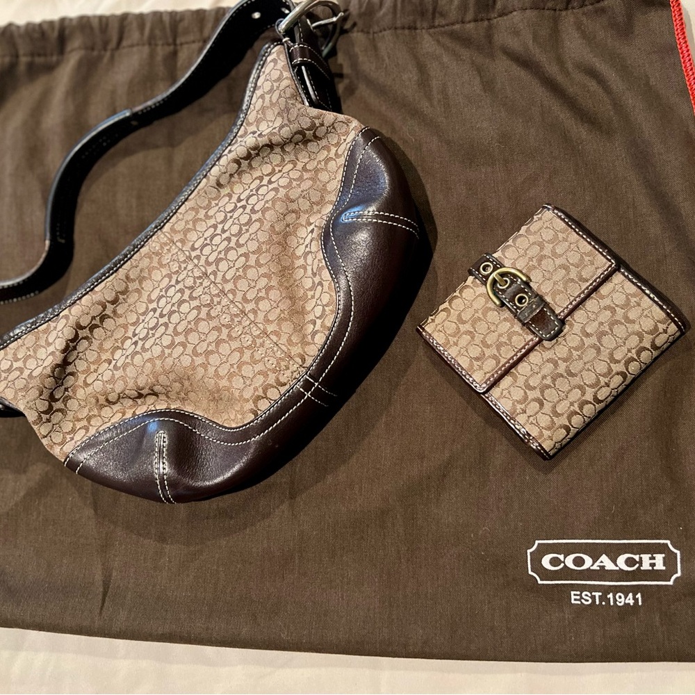 Coach Signature Brown and Tan Bag and Wallet Set with dust bag.
